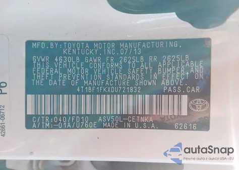 2013 Toyota Camry Le из США, поврежденный, VIN 4T1BF1FKXDU721832